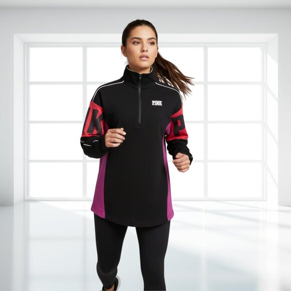PINK Victoria's Secret Tops - Victoria’s Secret PINK Colorblock Quarter Zip Sweatshirt Curve Hem XS